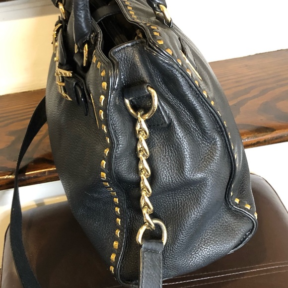 MICHAEL KORS Metal Woven Tumbled Black Leather Crossbody Satchel - Picture 7 of 14